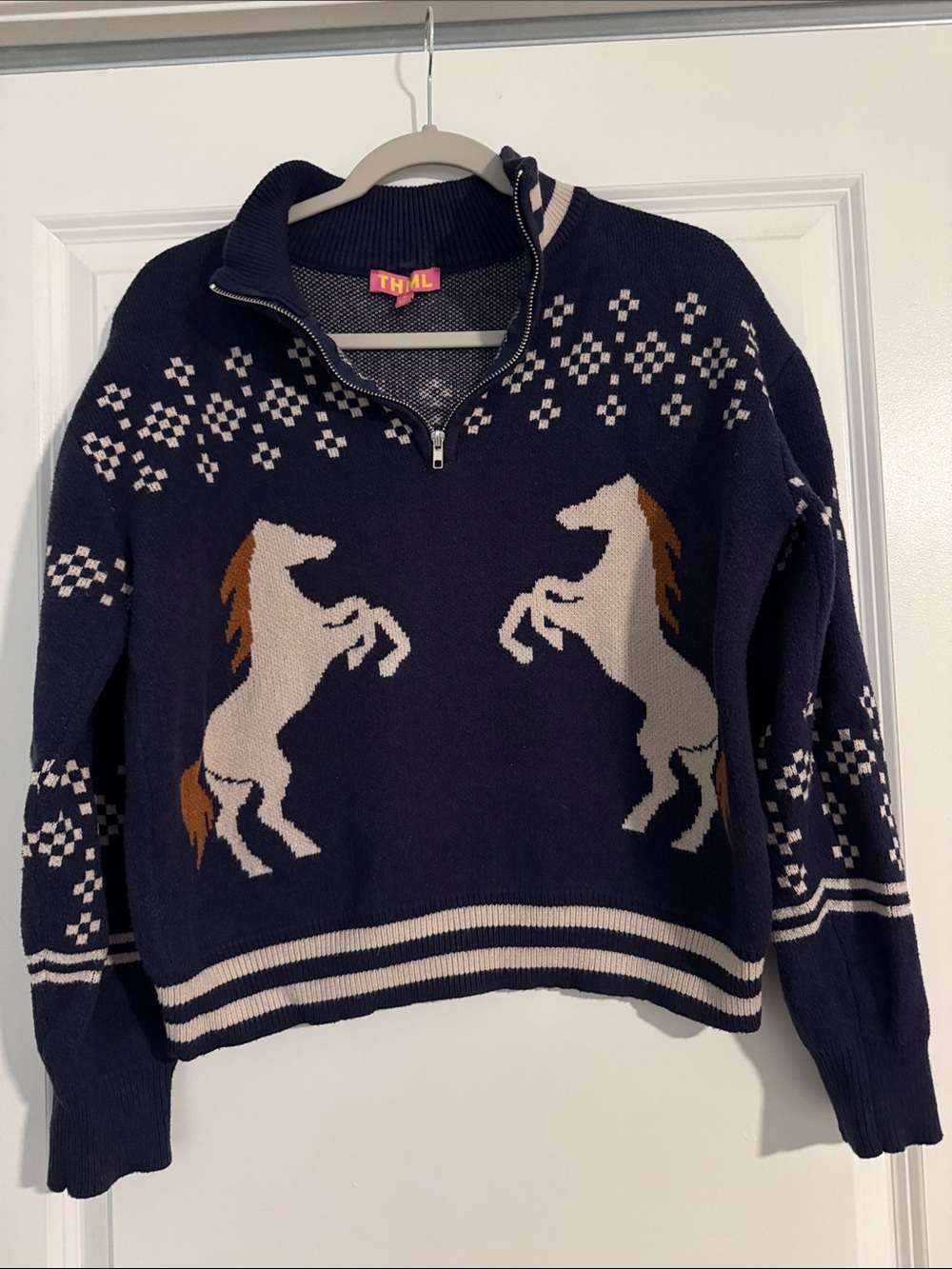 THML Navy Horse Intarsia Half-Zip Cowl Sweater - Picture 6 of 7